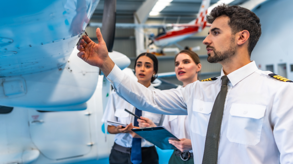 Aircraft technicians inspecting aircraft fuselage surface