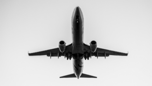 Aircraft underside view showing landing gear and wings