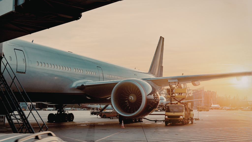 Commercial aircraft undergoing maintenance procedures