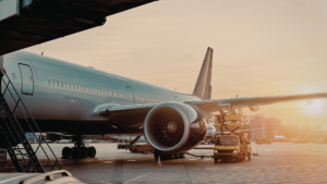 Commercial aircraft undergoing maintenance procedures