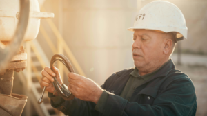 Magnetic particle inspection technician examining industrial component